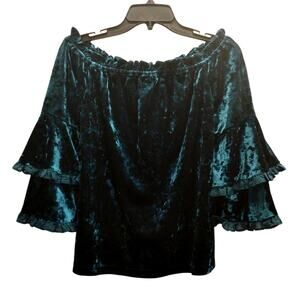 Beige by ECI Size Medium Green Teal Velvet Ruffle Fairy Boho On/Off Shoulder Top